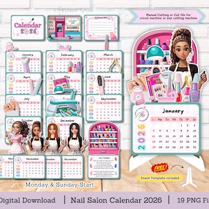 Calendario de salón de uñas 2026, calendario de escritorio, calendario de salón de belleza, archivo de corte PNG, descarga digital