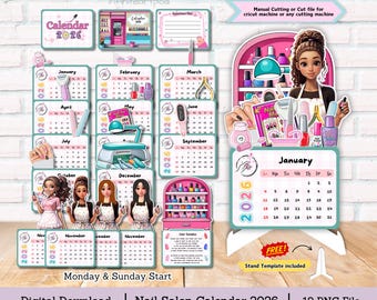 Nail Salon Calendar 2026, Desk Calendar, beauty salon calendar, png cut file, digital download