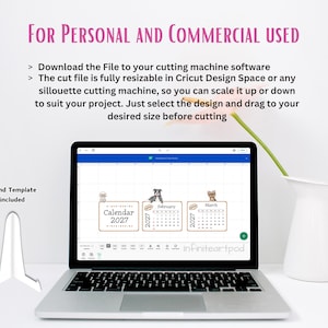 May include: A digital file for a 2027 calendar featuring dog illustrations, displayed on a laptop screen. The text reads FOR PERSONAL AND COMMERCIAL USED, Stand Template included, Calendar 2027, February, and March. A white stand template is shown.