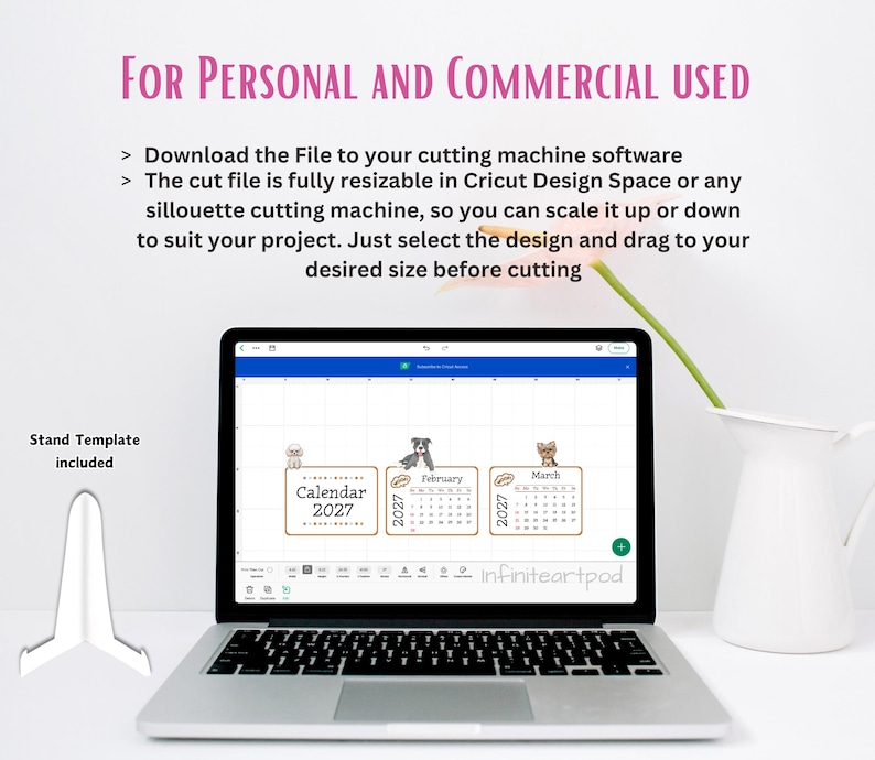 May include: A digital file for a 2027 calendar featuring dog illustrations, displayed on a laptop screen. The text reads FOR PERSONAL AND COMMERCIAL USED, Stand Template included, Calendar 2027, February, and March. A white stand template is shown.