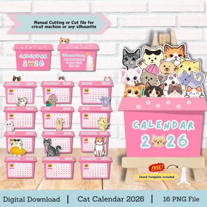 Puede incluir: Un calendario rosa con temática de gatos para 2026, con varias ilustraciones de gatos de dibujos animados. El calendario incluye una plantilla de soporte y está disponible como descarga digital. La imagen también incluye el texto "Manual Cutting or Cut file for cricut machine or any silhouette."