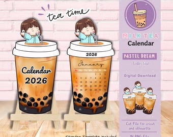 Milk tea Calendar, tea calendar, witty calendar, desk calendar, calendar 2026, mini calendar, cute calendar, cut file calendar
