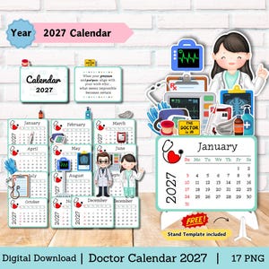Könnte beinhalten: Ein digitaler 2027-Kalender zum Herunterladen mit medizinischen Illustrationen. Das Set enthält Monatsseiten mit Arzt- und Pflegepersonal-Figuren, medizinischen Geräten wie Stethoskopen und Monitoren sowie eine Ständervorlage mit dem Text The Doctor Is In.