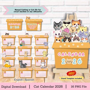 Calendario de escritorio Kawaii Cat 2026: Archivo de corte Cricut (PNG)