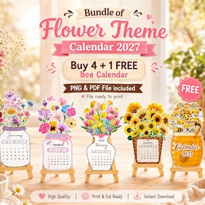 Puede incluir: Un paquete digital de cinco calendarios imprimibles para 2027 con temas de flores y abejas. Cada calendario se muestra en un pequeño caballete de madera, exhibiendo coloridos arreglos florales en frascos o macetas con el texto Bundle of Flower Theme.