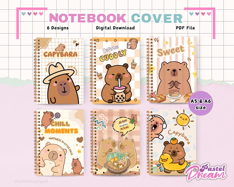 Copertina per quaderno Capibara, quaderno stampabile, copertina per diario, quaderno A5, quaderno A6, download immediato immagine 1