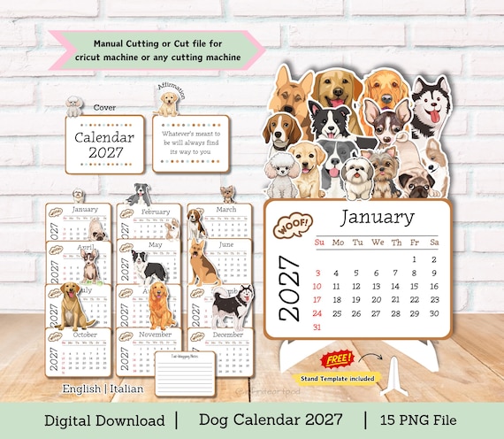 Dog Calendar, Desk Calendar, Mini desk calendar, calendar 2027, desk calendar 2027, cut file calendar, calendar template