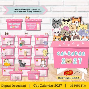 Peut inclure: Un ensemble de téléchargement numérique pour un calendrier chat 2027 comprenant des pages mensuelles roses avec diverses illustrations de chats, un grand présentoir rose avec le texte CALENDAR 2027 et un modèle de support pour découpe manuelle.