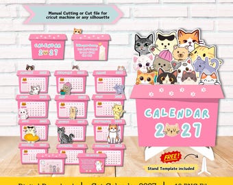 Peut inclure: Un ensemble de téléchargement numérique pour un calendrier chat 2027 comprenant des pages mensuelles roses avec diverses illustrations de chats, un grand présentoir rose avec le texte CALENDAR 2027 et un modèle de support pour découpe manuelle.