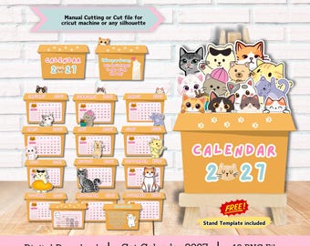 May include: A 2027 printable cat calendar set featuring twelve monthly pages with orange borders, various cartoon cat illustrations, and a box-shaped stand template. The text includes Manual Cutting or Cut file for cricut machine or any silhouette, FREE, Stand Template included, Digital Download, and Cat Calendar 2027.