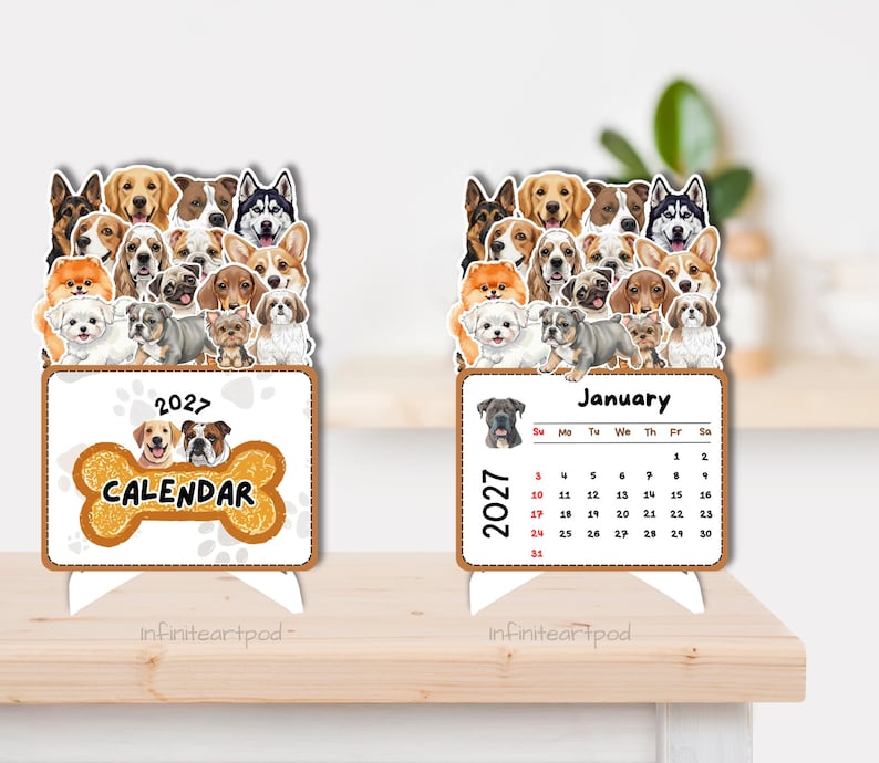 Dog Calendar 2027, Dog Lover Calendar, Desk Calendar, Instant Download, PNG Cut file, Printable Calendar image 2