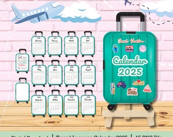 May include: A set of 15 printable calendar pages for 2025, designed to look like luggage tags. Each page features a different month, with a green and white color scheme. The calendar is titled "Travel Vacation Calendar 2025".