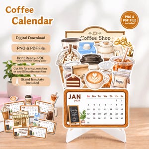 Puede incluir: Un calendario de escritorio para 2027 con temática de café y diseño de marco de madera. El calendario muestra el mes de enero con ilustraciones de bebidas de café, un trozo de pastel, sobres de azúcar y una pequeña pizarra. Incluye plantilla.