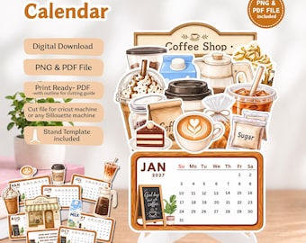 Puede incluir: Un calendario de escritorio para 2027 con temática de café y diseño de marco de madera. El calendario muestra el mes de enero con ilustraciones de bebidas de café, un trozo de pastel, sobres de azúcar y una pequeña pizarra. Incluye plantilla.