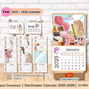 Puede incluir: Un calendario imprimible para peluqueros con un esquema de color rosa, azul y dorado. El calendario presenta una página de portada con un tema de salón de belleza y una cita sobre la belleza. El calendario incluye páginas mensuales de enero a diciembre de 2025 y enero de 2026. El calendario está disponible en inglés, portugués y español.