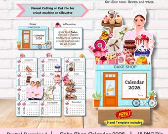 May include: A digital download of a printable cake shop calendar for 2026. The calendar features a cute cartoon baker with a cake shop storefront and a bicycle. The calendar is available in 15 PNG files.
