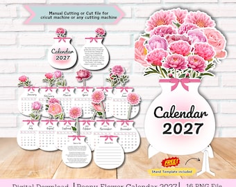 May include: A 2027 digital calendar set featuring vase-shaped monthly pages adorned with pink peony illustrations. The design includes a large bouquet topper, individual month cards, and a stand template. Text includes Calendar 2027 and inspirational quotes.