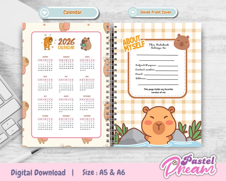 Copertina per quaderno Capibara, quaderno stampabile, copertina per diario, quaderno A5, quaderno A6, download immediato immagine 7