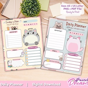 Blocco note a forma di gatto, agenda giornaliera per gatti, agenda giornaliera, modello di blocco note, blocco note stampabile, blocco note kawaii, blocco note a forma di gatto, foglio di promemoria per gatti, blocco note