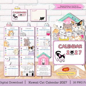 May include: A 2027 digital calendar set featuring illustrations of various cats in pastel colors. The set includes monthly calendar pages, a stand template, and decorative elements with text such as CALENDAR 2027, January through December, and Paws & Whiskers.