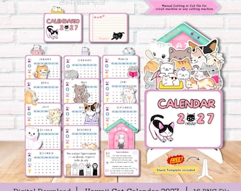 Calendario Kawaii con gatti 2027, calendario da scrivania, calendario 2027, calendario con gatti, calendario impilabile, file di taglio per Cricut, calendario stampabile, file PNG