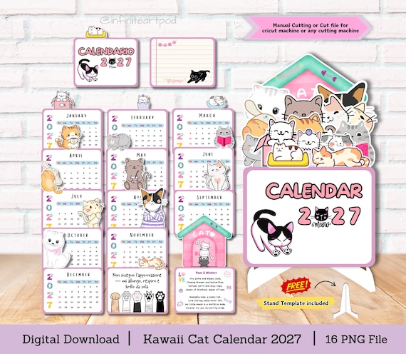 Kawaii Cat Calendar 2027, Desk Calendar, Calendar 2027, Cat Calendar, stackable calendar, cut file for cricut, printable calendar, PNG file