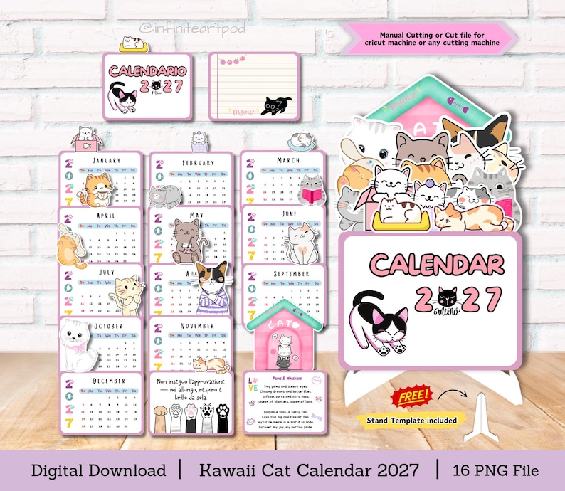 May include: A 2027 digital calendar set featuring illustrations of various cats in pastel colors. The set includes monthly calendar pages, a stand template, and decorative elements with text such as CALENDAR 2027, January through December, and Paws & Whiskers.