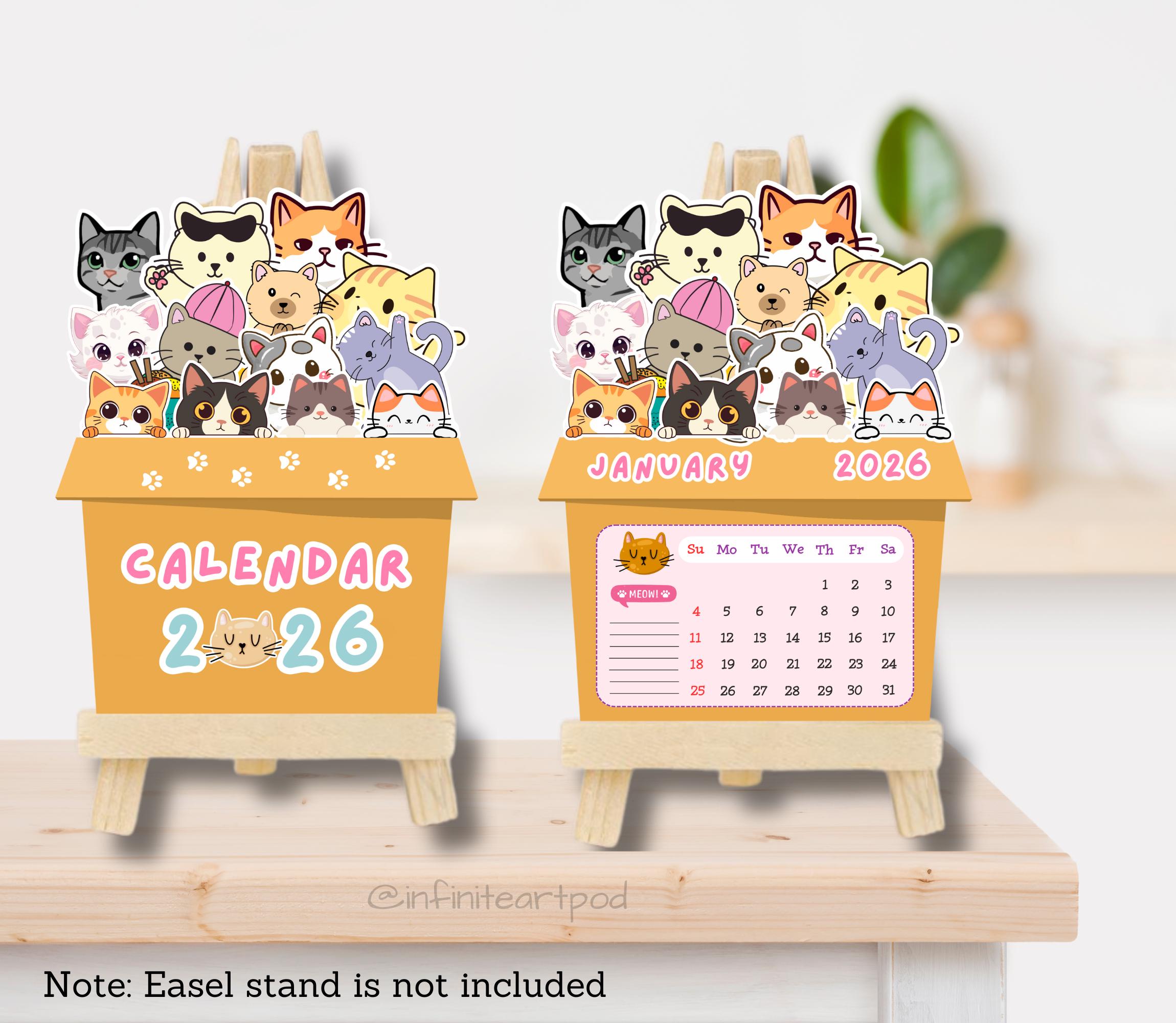 Calendrier De Bureau 2026 En Forme De Chat - Mini Calendrier Mensuel Effaçable Et Décoratif