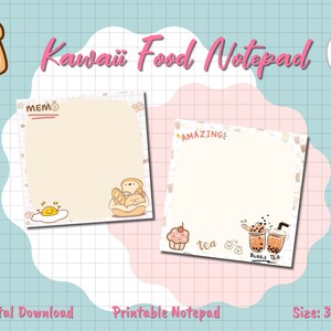 May include: Two kawaii food notepads with cute illustrations of bread, eggs, cupcakes, and bubble tea. The notepads are 3x3 inches and feature the words "MEMO" and "AMAZING". The background is a light blue and pink grid.