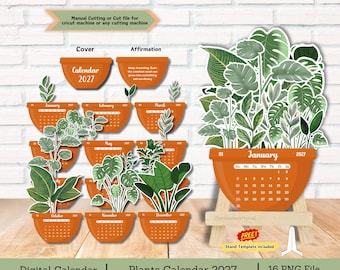 May include: A 2027 digital plant calendar set featuring twelve terracotta-coloured pots, each containing a unique green houseplant illustration. The set includes a cover, an affirmation card, and a stand template for a Cricut or cutting machine.
