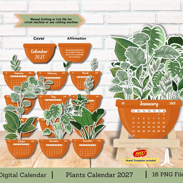 Calendário de mesa com plantas 2027: Arquivo de recorte botânico (download digital PNG)