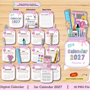 Puede incluir: Un conjunto de calendario digital 2027 con doce diseños mensuales en forma de frasco, decorados con ilustraciones de papelería. Incluye una portada, tarjeta de afirmación, página de notas y un frasco grande con útiles escolares y soporte.