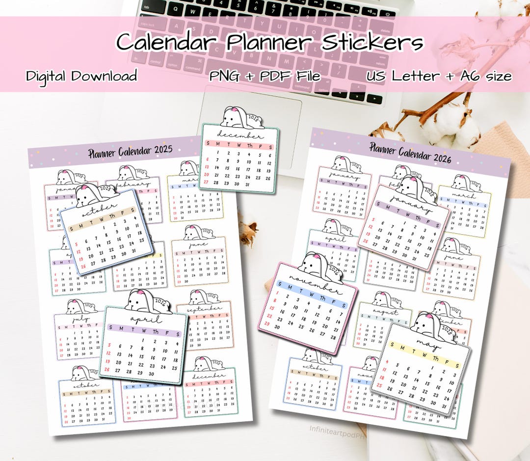 Bunny Calendar Planner, Calendar Stickers, Calendar 2025, Bunny ...