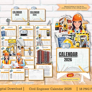 May include: A 2026 Civil Engineer calendar with monthly pages, construction-themed illustrations, and a stand. The calendar features images of construction workers, tools, and buildings. The text "CALENDAR 2026" is prominently displayed.
