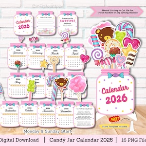 Calendário de mesa de doces 2026, calendário açucarado, calendário de pote de doces, calendário 2026, arquivo de corte para Cricut, calendário da terra dos doces