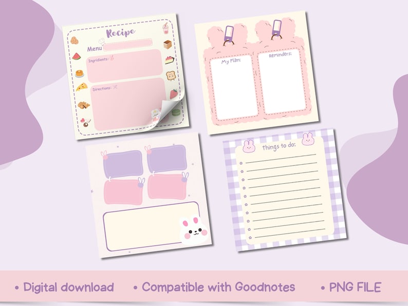 May include: Four printable digital planner pages with a pastel pink and purple color scheme. The pages feature a recipe template, a to-do list, a notes page, and a reminders page. Each page has a cute bunny illustration.