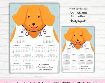 May include: A digital download calendar for 2025-2026 featuring a cartoon golden retriever dog. The calendar includes the text "Everything is Pawssible for those who believes." The image is available in A4, A5, and US Letter sizes.
