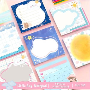 May include: A selection of square notepads with sky-themed designs, including clouds, stars, and suns. The notepads have blank spaces for notes and charming illustrations. The text "Little Sky Notepad" is displayed. Each notepad measures 7.6 x 7.6 cm.