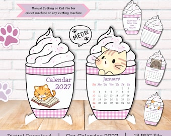 May include: A 2027 cat-themed calendar set featuring cup-shaped designs with whipped cream tops, pink gingham patterns, and illustrations of orange tabby cats. Includes a speech bubble with the text MEOW and various monthly calendar pages.
