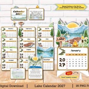May include: A 2027 printable lake-themed calendar set featuring twelve monthly pages with watercolor illustrations of boats, campfires, and mountains. Includes a stand template, notes page, and text elements like Manual Cutting or Cut file for cricut machine.