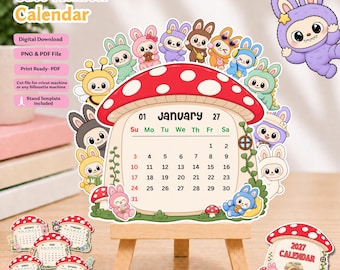 Cute Monster Calendar 2027, Mushroom Calendar, Printable PDF, PNG cutfile, Desk Calendar