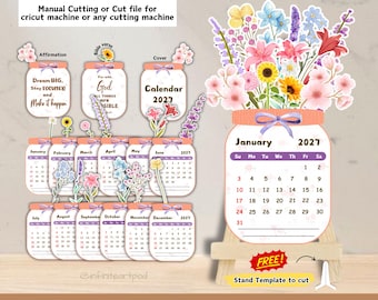Floral bureaukalender, bloemenkalender 2027, kalendersjabloon, afdrukbare kalender, mini-bureaukalender 2027, kalender 2027, kalender