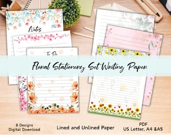 Puede incluir: Un conjunto de ocho papeles de papelería floral imprimibles en formato PDF. Los papeles presentan una variedad de diseños florales, incluyendo girasoles, flores de cerezo y otras flores. Los papeles están disponibles en versiones con líneas y sin líneas y en tamaños US Letter, A4 y A5. El texto en la imagen dice "Notes", "To Do", "Floral Stationery Set Writing Paper", "8 Designs", "Digital Download", "Lined and Unlined Paper", "PDF", "US Letter, A4 & A5".