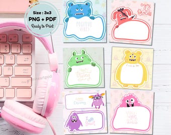 Puede incluir: Nueve pegatinas imprimibles de 7,62 cm x 7,62 cm con temática de monstruos con espacios en blanco para agregar texto. Las pegatinas presentan monstruos coloridos con mensajes positivos como "Positive Vibes", "Keep Trying", "I Can Do This", "You Got This" y "I am Smart".
