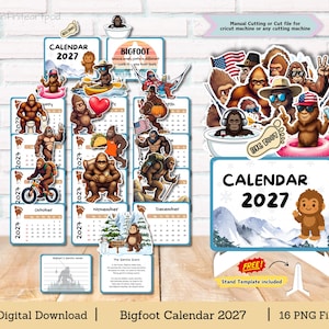 May include: A 2027 calendar digital download featuring Bigfoot illustrations for each month. The set includes various Bigfoot characters in different activities, a stand template, and note pages. Text includes Calendar 2027, Bigfoot, and The Gentle Giant.