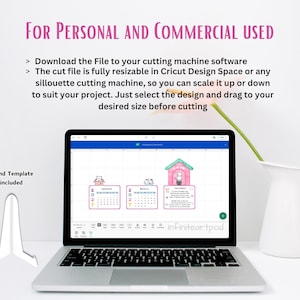 May include: A laptop screen displays a digital calendar design with three sections featuring cartoon illustrations and the year 2027. Text reads For Personal and Commercial Used, instructions for cutting machine software, and Stand Template included.