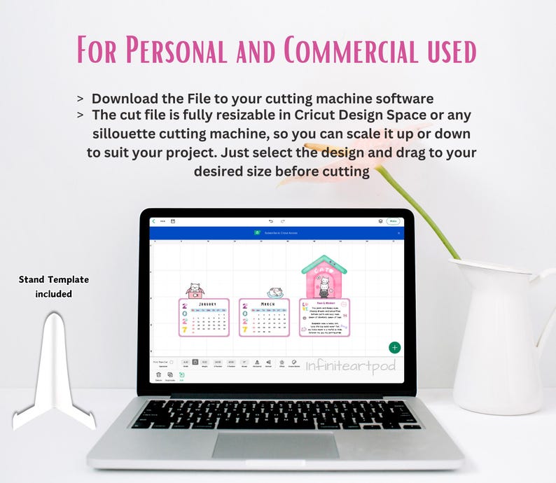 May include: A laptop screen displays a digital calendar design with three sections featuring cartoon illustrations and the year 2027. Text reads For Personal and Commercial Used, instructions for cutting machine software, and Stand Template included.