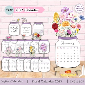 May include: A 2027 digital calendar set featuring twelve monthly pages shaped like mason jars with purple lids. Each page displays a month, dates, and colorful floral illustrations. Includes a cover page, an affirmation card, and a stand template.