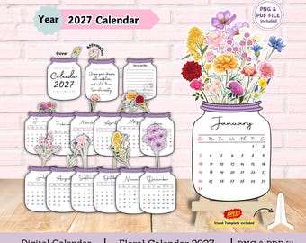 Floral calendar 2027, flower calendar, desk calendar, calendar 2027, calendar template, printable calendar 2027, mini calendar
