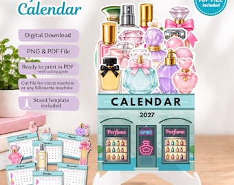 May include: A 2027 perfume calendar digital download featuring a shop front illustration with shelves of perfume bottles. The design includes various perfume bottle cutouts, a stand template, and text reading Perfume Calendar, 2027, and Open.